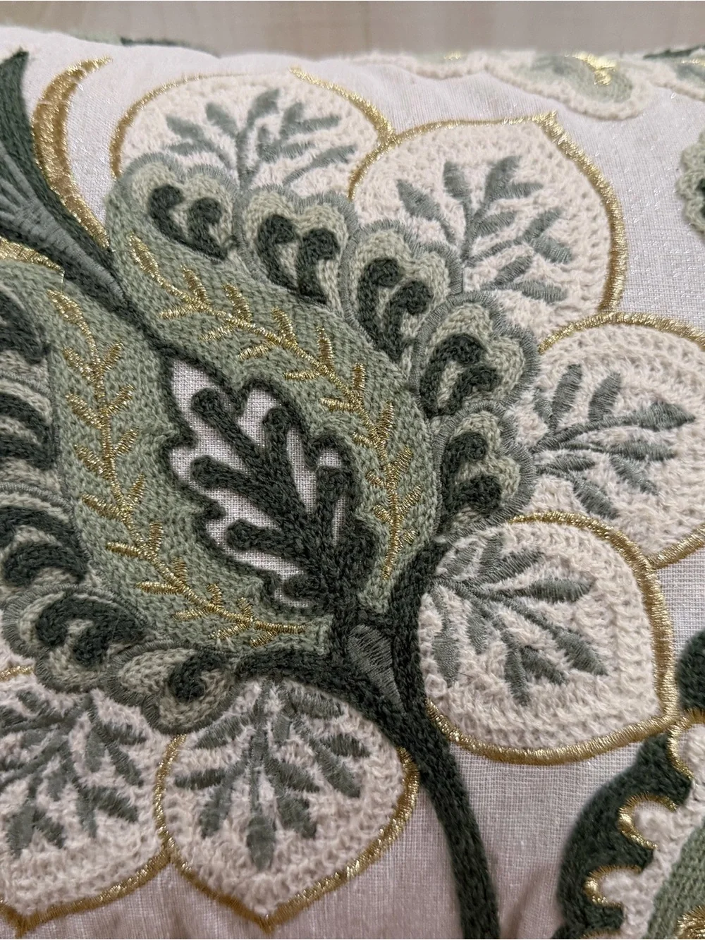 Embroidered Floral Lumbar Pillow by Lacourte- Sage Green on Cream 23”x15”